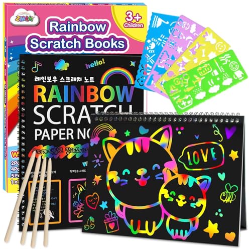 ZMLM Kratzbilder für Kinder, 2 Pack Regenbogen Kratzpapier Kratzbuch für 3-10 Jahre alte Mädchen Jungen Gefälligkeiten Geschenke für Geburtstag Halloween Weihnachtsfeier Spiel von ZMLM