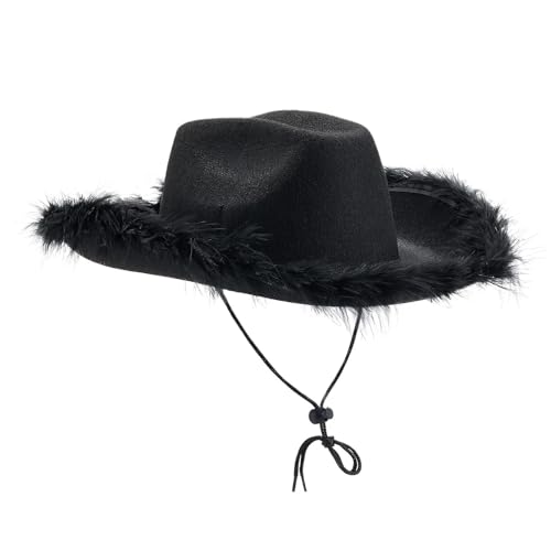 ZNJAMN Cowboyhut 2 stücke Frauen Cowboy Hut Einfarbig Fuzzy Trim Breite Krempe Kappe Sonnenhut for Party FüR MäNner Und Frauen(Black) von ZNJAMN