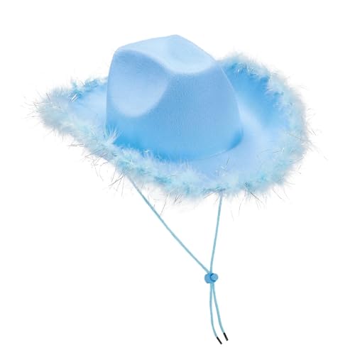 ZNJAMN Cowboyhut 2 stücke Frauen Cowboy Hut Einfarbig Fuzzy Trim Breite Krempe Kappe Sonnenhut for Party FüR MäNner Und Frauen(Blue) von ZNJAMN