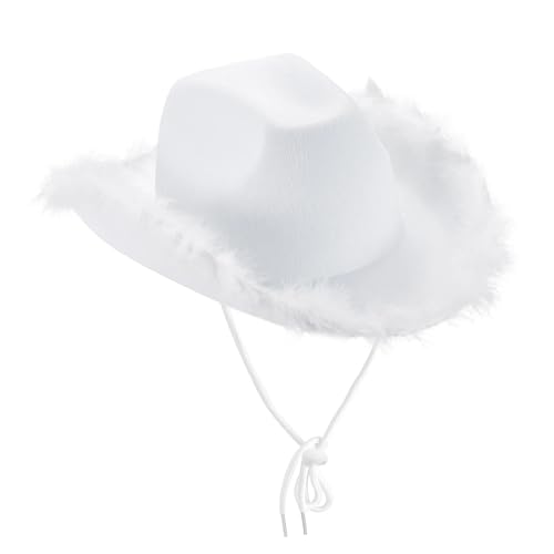 ZNJAMN Cowboyhut 2 stücke Frauen Cowboy Hut Einfarbig Fuzzy Trim Breite Krempe Kappe Sonnenhut for Party FüR MäNner Und Frauen(White) von ZNJAMN