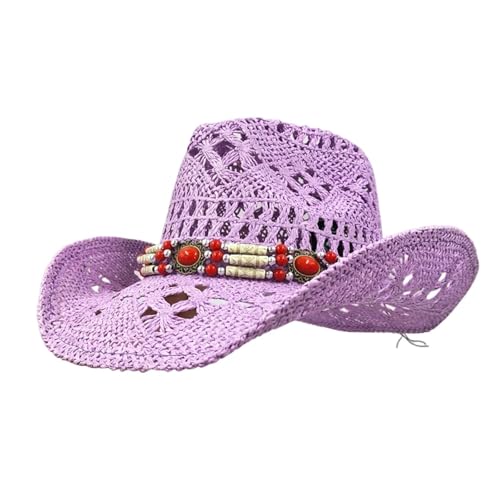 ZNJAMN Cowboyhut 2 stücke Stroh Western Cowboyhut for Frauen Männer Klassische Vintage Aushöhlen Unisex Strand Sonnenhut Fischerhut Kletterkappe FüR MäNner Und Frauen(Purple) von ZNJAMN