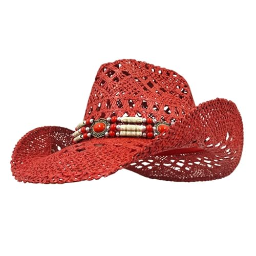ZNJAMN Cowboyhut 2 stücke Stroh Western Cowboyhut for Frauen Männer Klassische Vintage Aushöhlen Unisex Strand Sonnenhut Fischerhut Kletterkappe FüR MäNner Und Frauen(Red) von ZNJAMN