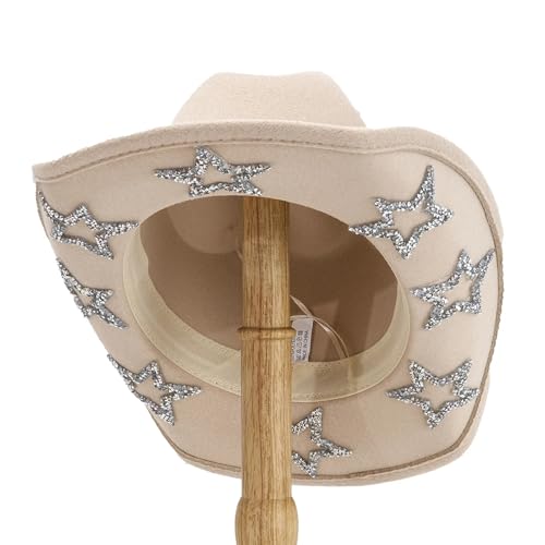 ZNJAMN Cowboyhut Cowgirlhut for Damen und Herren, breite Krempe, Strass-Stern, Westernhüte for Hochzeit, Karneval, Rave, Party, Reisen, Kostümzubehör FüR MäNner Und Frauen(Beige) von ZNJAMN