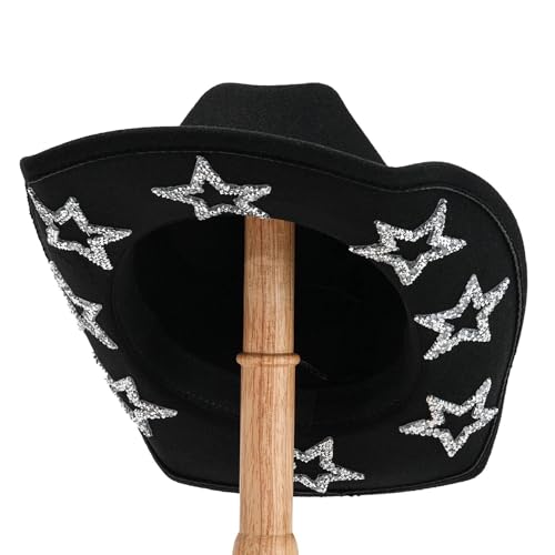 ZNJAMN Cowboyhut Cowgirlhut for Damen und Herren, breite Krempe, Strass-Stern, Westernhüte for Hochzeit, Karneval, Rave, Party, Reisen, Kostümzubehör FüR MäNner Und Frauen(Black) von ZNJAMN
