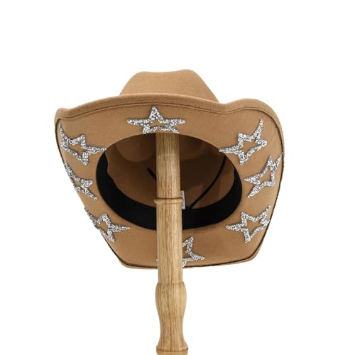 ZNJAMN Cowboyhut Cowgirlhut for Damen und Herren, breite Krempe, Strass-Stern, Westernhüte for Hochzeit, Karneval, Rave, Party, Reisen, Kostümzubehör FüR MäNner Und Frauen(Khaki) von ZNJAMN