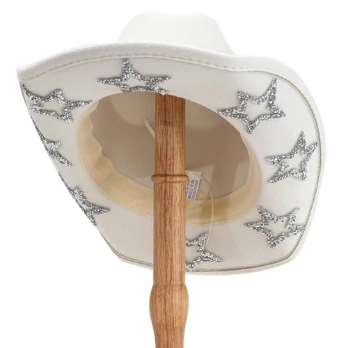 ZNJAMN Cowboyhut Cowgirlhut for Damen und Herren, breite Krempe, Strass-Stern, Westernhüte for Hochzeit, Karneval, Rave, Party, Reisen, Kostümzubehör FüR MäNner Und Frauen(White) von ZNJAMN