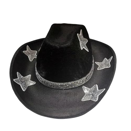 ZNJAMN Cowboyhut Damen Glitzer Cowboyhut mit Paillettensternen und breiter Krempe Western Strandhut for Hochzeit Karneval Rave Party FüR MäNner Und Frauen(Black) von ZNJAMN