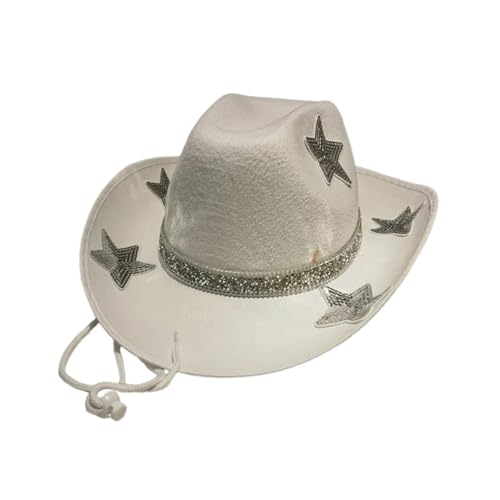 ZNJAMN Cowboyhut Damen Glitzer Cowboyhut mit Paillettensternen und breiter Krempe Western Strandhut for Hochzeit Karneval Rave Party FüR MäNner Und Frauen(WHITE) von ZNJAMN