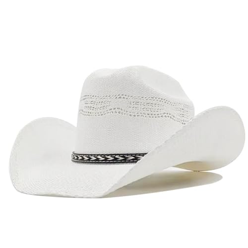 ZNJAMN Cowboyhut Herren Vintage Western Cowboyhut Handgefertigter Strohweb-Strand-Sonnenhut Gentleman Cowgirl Jazzhut FüR MäNner Und Frauen(White) von ZNJAMN