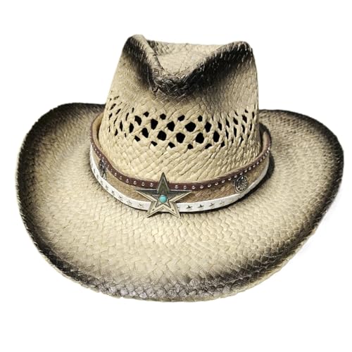 ZNJAMN Cowboyhut Hohlgewebe Cowboyhut Strohhut Star Jazz Gras Western Denim Hut Reisehut FüR MäNner Und Frauen(Beige black) von ZNJAMN