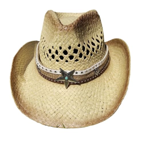 ZNJAMN Cowboyhut Hohlgewebe Cowboyhut Strohhut Star Jazz Gras Western Denim Hut Reisehut FüR MäNner Und Frauen(Beige brown) von ZNJAMN