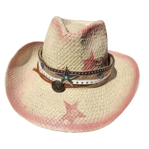 ZNJAMN Cowboyhut Hohlgewebe Cowboyhut Strohhut Star Jazz Gras Western Denim Hut Reisehut FüR MäNner Und Frauen(Beige pink) von ZNJAMN