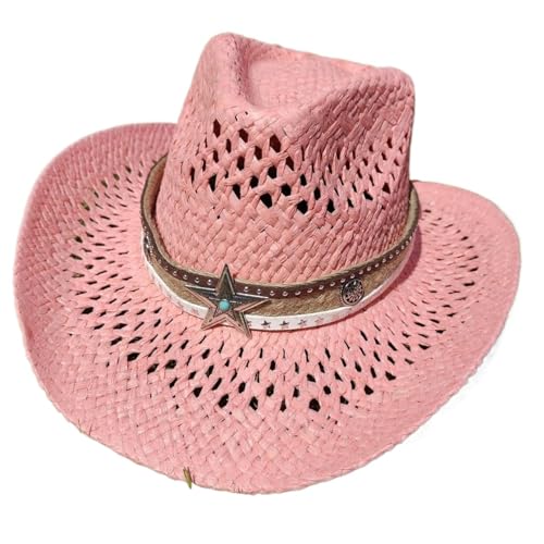 ZNJAMN Cowboyhut Hohlgewebe Cowboyhut Strohhut Star Jazz Gras Western Denim Hut Reisehut FüR MäNner Und Frauen(Pink) von ZNJAMN