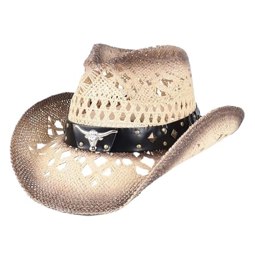 ZNJAMN Cowboyhut Klassischer Western-Cowboyhut aus Stroh for Damen und Herren, Vintage, for den Außenbereich, Sommer, Strand, Jazz, Sonnenschutzkappen FüR MäNner Und Frauen(Beige 1) von ZNJAMN