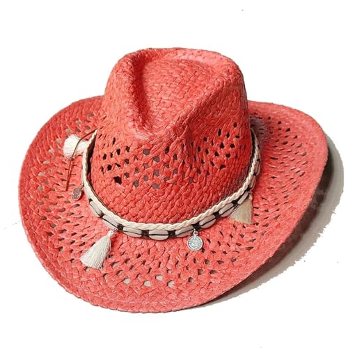 ZNJAMN Cowboyhut Sommer Outdoor Männer Frauen Handgewebte Western Cowboy Papier Strohhüte Breite Krempe Atmungsaktive Strand Jazz Cap FüR MäNner Und Frauen(Red) von ZNJAMN