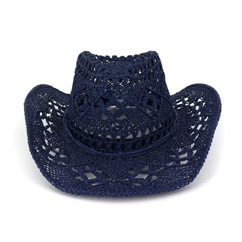 ZNJAMN Cowboyhut Sommer Outdoor Männer Frauen Handgewebte Western Cowboy Papierstrohhüte Breite Krempe Atmungsaktive Strand Jazz Cap Sonnenschutzhut FüR MäNner Und Frauen(Dark Blue) von ZNJAMN