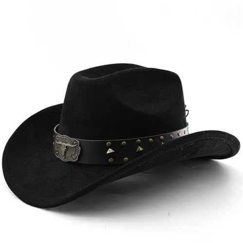 ZNJAMN Cowboyhut Stierkopf-Wildlederimitat Western-Cowboyhut Jazz-Zylinder Filzhut Sonnenschirm Big Eave Hut FüR MäNner Und Frauen(Black) von ZNJAMN