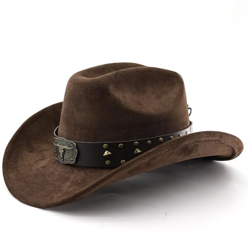 ZNJAMN Cowboyhut Stierkopf-Wildlederimitat Western-Cowboyhut Jazz-Zylinder Filzhut Sonnenschirm Big Eave Hut FüR MäNner Und Frauen(Brown) von ZNJAMN