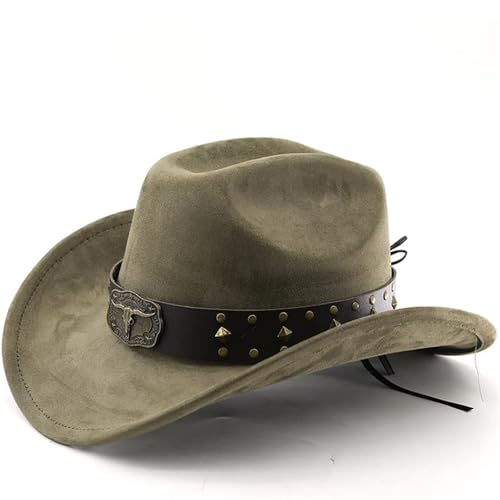 ZNJAMN Cowboyhut Stierkopf-Wildlederimitat Western-Cowboyhut Jazz-Zylinder Filzhut Sonnenschirm Big Eave Hut FüR MäNner Und Frauen(Green) von ZNJAMN