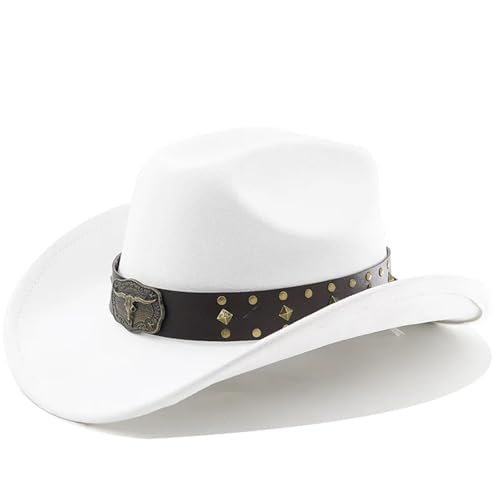 ZNJAMN Cowboyhut Stierkopf-Wildlederimitat Western-Cowboyhut Jazz-Zylinder Filzhut Sonnenschirm Big Eave Hut FüR MäNner Und Frauen(WHITE) von ZNJAMN
