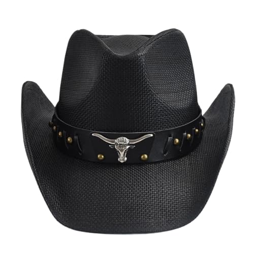 ZNJAMN Cowboyhut Verdickter Strohhut for Herren mit gewelltem Rand, Vintage-Western-Cowboyhut, Sommer-Strand-Sonnenhut FüR MäNner Und Frauen(Black01) von ZNJAMN