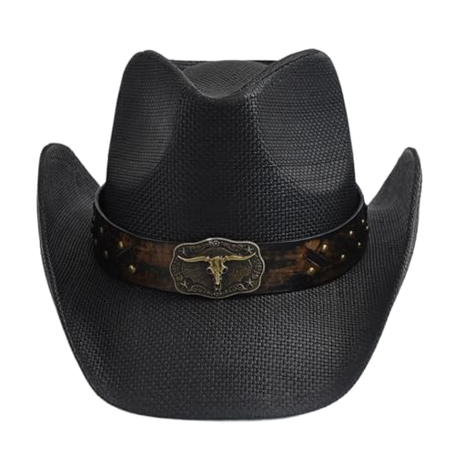 ZNJAMN Cowboyhut Verdickter Strohhut for Herren mit gewelltem Rand, Vintage-Western-Cowboyhut, Sommer-Strand-Sonnenhut FüR MäNner Und Frauen(Black02) von ZNJAMN