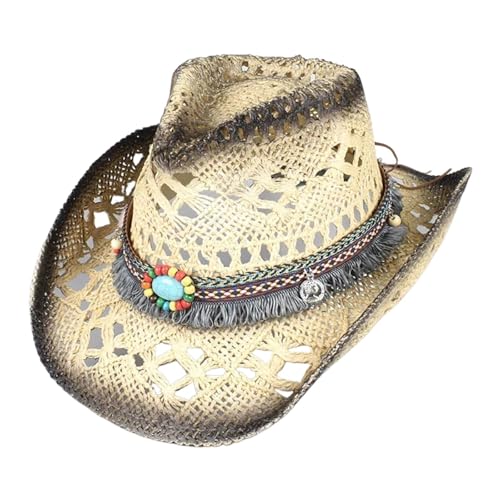ZNJAMN Cowboyhut Western Cowboyhut Damen Herren Sommer Vintage Strand Strohhut Sonnenhüte Cowgirl Jazz Cap FüR MäNner Und Frauen(Beige 1) von ZNJAMN