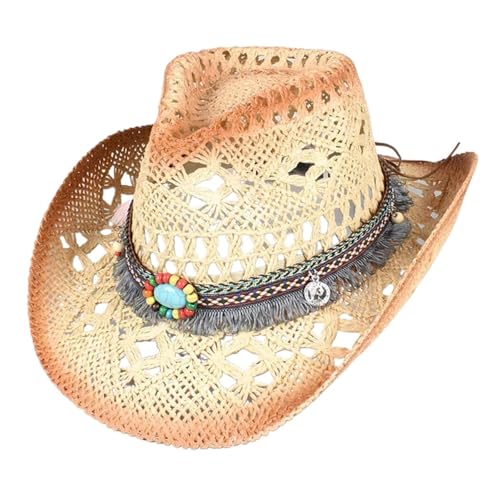 ZNJAMN Cowboyhut Western Cowboyhut Damen Herren Sommer Vintage Strand Strohhut Sonnenhüte Cowgirl Jazz Cap FüR MäNner Und Frauen(Beige 2) von ZNJAMN
