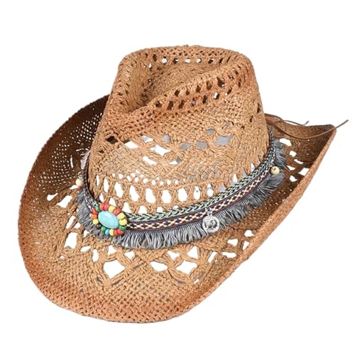 ZNJAMN Cowboyhut Western Cowboyhut Damen Herren Sommer Vintage Strand Strohhut Sonnenhüte Cowgirl Jazz Cap FüR MäNner Und Frauen(Khaki 1) von ZNJAMN