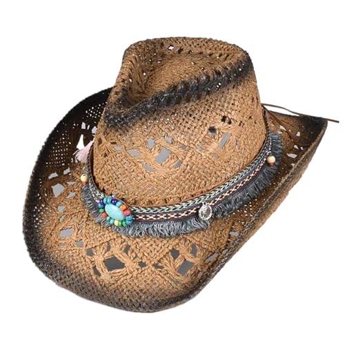 ZNJAMN Cowboyhut Western Cowboyhut Damen Herren Sommer Vintage Strand Strohhut Sonnenhüte Cowgirl Jazz Cap FüR MäNner Und Frauen(Khaki 2) von ZNJAMN