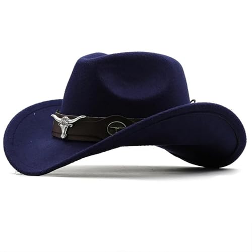 ZNJAMN Cowboyhut Western Cowboyhut Rollkrempe Cowgirl Cap Cowboy Jazz Fedora Hüte Filzkappe for Damen Herren FüR MäNner Und Frauen(Dark blue,52-54cm) von ZNJAMN