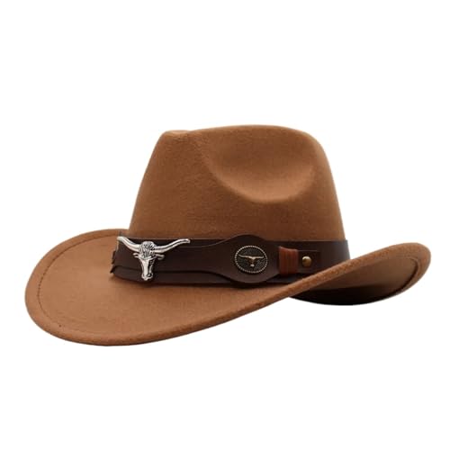 ZNJAMN Cowboyhut Western Cowboyhut Rollkrempe Cowgirl Cap Cowboy Jazz Fedora Hüte Filzkappe for Damen Herren FüR MäNner Und Frauen(Khaki,56-58cm) von ZNJAMN