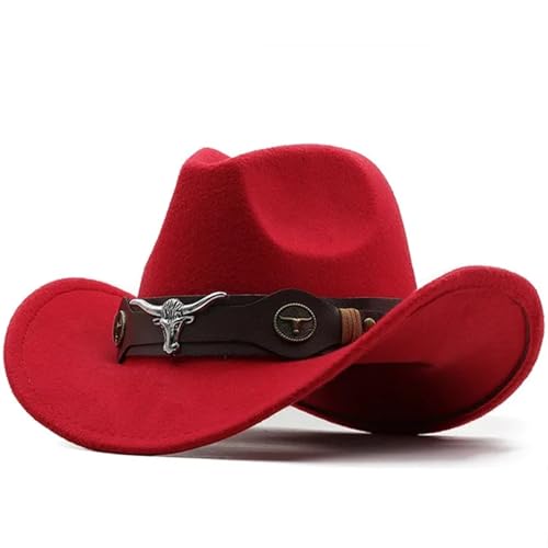 ZNJAMN Cowboyhut Western Cowboyhut Rollkrempe Cowgirl Cap Cowboy Jazz Fedora Hüte Filzkappe for Damen Herren FüR MäNner Und Frauen(Red,52-54cm) von ZNJAMN