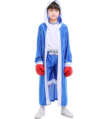 ZNLFS Boxkostüm für Kinder, Halloween, Fasching, Rollenspiel, Uniform, Karneval, Boxer, Sport, Overall und Robe für Kinder (Blau, 10–12 Jahre) von ZNLFS