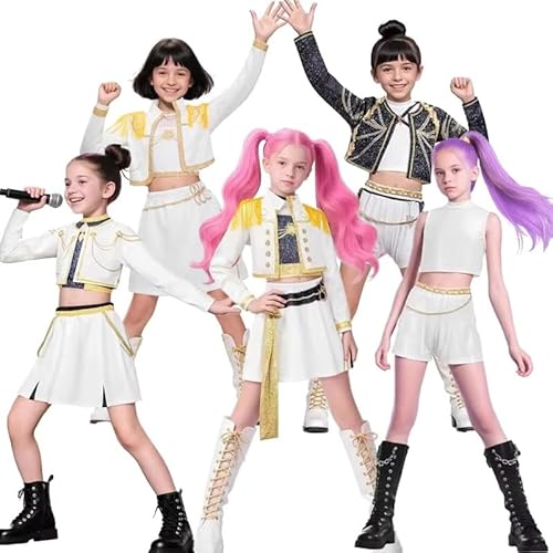 ZNLVZSH Dem Hunt golden Costume Rumii Miira Zoeyy For Girls Kids，Huntrs fancy dress Anime Cosplay Halloween party Pop Stage Carnival Outfits with 70 Pcs Anime Stickers (White-E,160) von ZNLVZSH