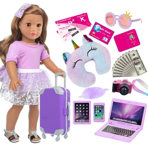 ZNTWEI Reisekoffer-Set 45,7 cm (18 Zoll), mit Puppenkleidung und Zubehör, einschließlich Sonnenbrille, Kamera, Telefon, iPad, Reisekissen usw von ZNTWEI