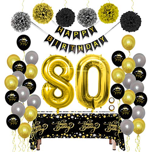 Geburtstag Dekoration Schwarz Gold Set, Geburtstagsdeko mit Happy Birthday Banner Luftballon Tischdecke PomPom Folienballon Buchstaben 80 für Männer frau Papa Mama Vater Mutter Opa Oma 80er Party Deko von ZNZ