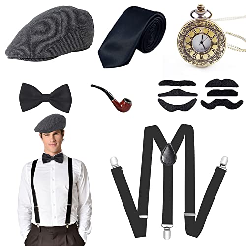 ZOCONE 12-teiliges Zubehör-Set für Herren, 1920er Gatsby Kostümzubehör, mit Panamahut, elastischen Y-Back-Trägern, Vintage-Taschenuhr und Schnurrbart, Krawatte, Fliege von ZOCONE