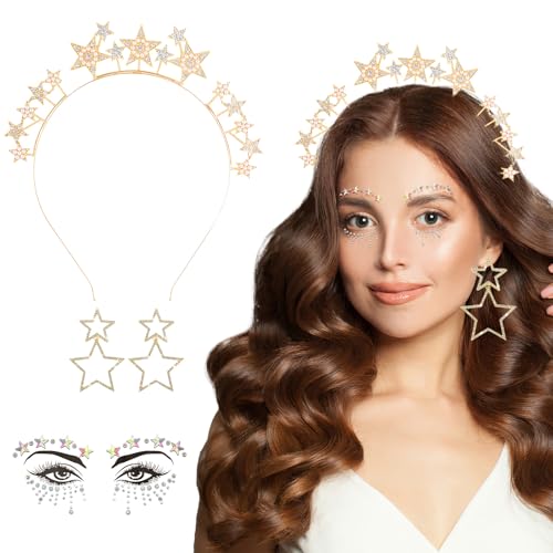 ZOCONE Haarreif Sterne, Sternen Halo Strass Haarreif Glitzer Stirnband mit 2 Stern Ohrringe Und Gesichtstattoo Sticker, für Geburtstag Karneval Musik Festival Party Kostüm Stirnband Damen (Gold) von ZOCONE
