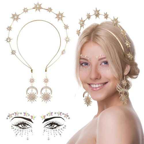 ZOCONE Haarreif Sterne, Strass Sonne Haarreif Doppelschicht Glitzer Stirnband mit 2 Mondohrringe Und Gesichtstattoo Sticker, für Karneval Musik Festival Party Kostüm Stirnband Damen (Gold) von ZOCONE