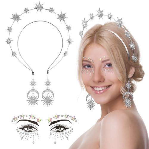 ZOCONE Haarreif Sterne, Strass Sonne Haarreif Doppelschicht Glitzer Stirnband mit 2 Mondohrringe Und Gesichtstattoo Sticker, für Karneval Musik Festival Party Kostüm Stirnband Damen (Silber) von ZOCONE