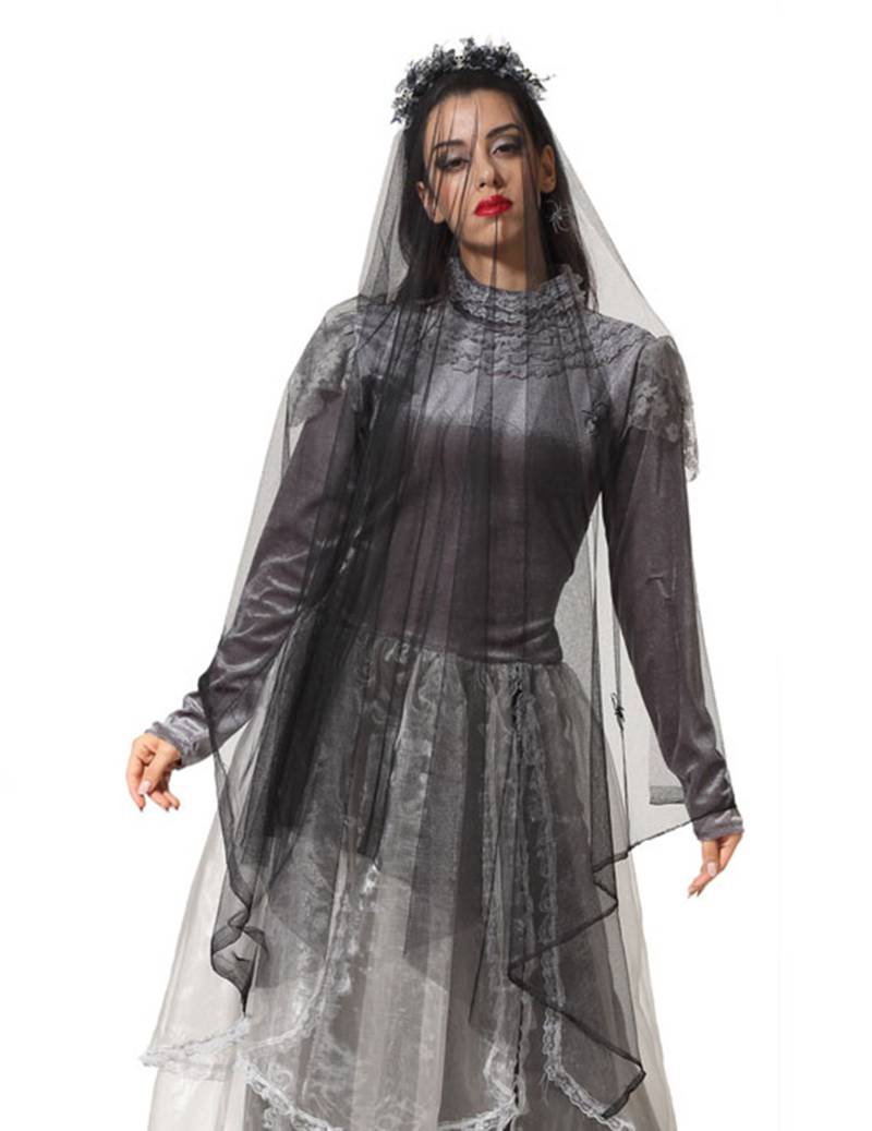 Geisterbraut-Schleier für Damen mit Totenköpfen Halloween-Accessoire grau von ATOSA