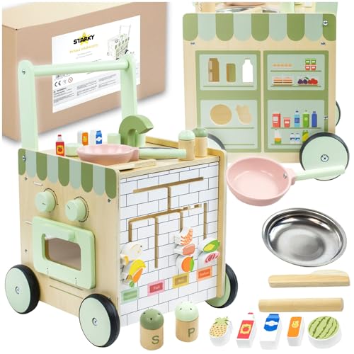 ZOLTA Montessori Kinderküche aus Holz mit Lauflernhilfe ab 1 Jahr Spielküche mit Zubehör und Sortierfunktion 2in1 Lauflernwagen mit Backofen Spüle und Motorikspielzeug CE EN71 Zertifiziert von ZOLTA