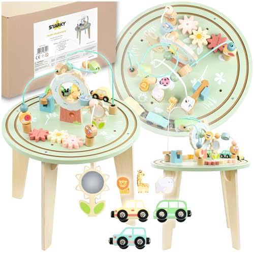 ZOLTA Montessori Lerntisch aus Holz für Kinder ab 2 Jahren Spieltisch mit Motorikschleifen Formensortierer Zahnrädern Spiegel und Magnetbahn pädagogisches Aktivitätsspielzeug mit CE EN71 Zertifikat von ZOLTA