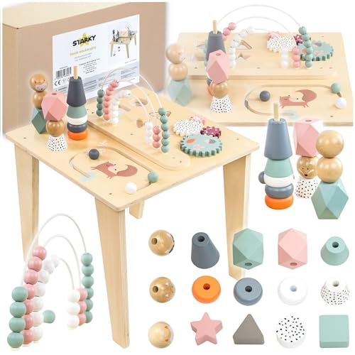 ZOLTA Spieltisch Montessori ab 1 Jahr Motorikspielzeug mit Perlenlabyrinth Formen Sortierer Zahnrädern Bauklötzen Motorikschleifen Lernspielzeug für Kinder Kleinkinder Stabil Holz 59x44x44 cm von ZOLTA