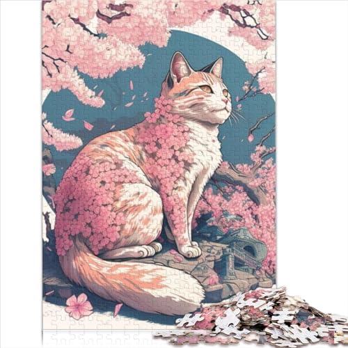 1000-teiliges Puzzle für Teenager, Katze, Kirschblüte, Japanisches Holzpuzzle für Erwachsene und Kinder, Denkspiel (Größe 75x50cm) von ZOMTOON