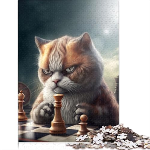 1000-teiliges Puzzlespiel, lustige Katze spielt Schach, Puzzles für Erwachsene und Kinder, Holzpuzzles, Heimdekoration 29,52x19,68 Zoll von ZOMTOON