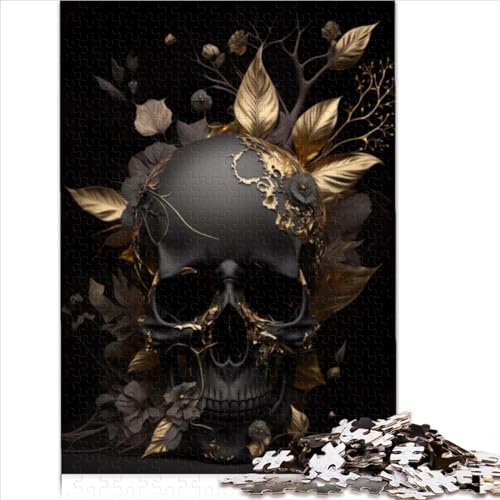 Puzzle Schwarzer Totenkopf Goldene Blumen 500 Teile Puzzles für Erwachsene für Erwachsene und Familien Holzpuzzles Entspannungspuzzlespiele (Größe 52x38cm) von ZOMTOON