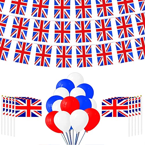 Britische Flagge und Ballon - 105-teiliges Luftballon-Set mit britischer Flagge, Rot, Blau, Weiß | Tragbare Wimpelkette, königliches Partyzubehör für Werbung, Nationalfeiertag, drinnen Zonewd von ZONEWD