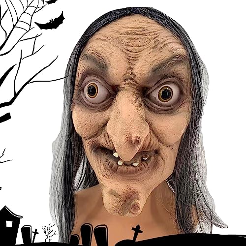 ZONEWD Horror-Hexenkopf - Gruselige Latex-Vollkopfbedeckung für Halloween | Realistische Design-Kostü -Requisiten für Tanzpartys, Bars, Streiche und Aufführungen von ZONEWD